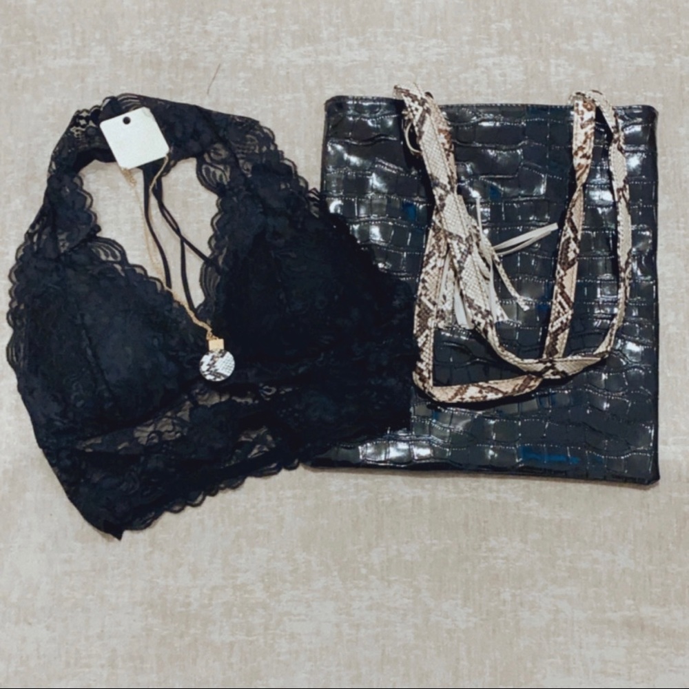 Women’s Black Bandeau Bra, Black Bag, Necklace